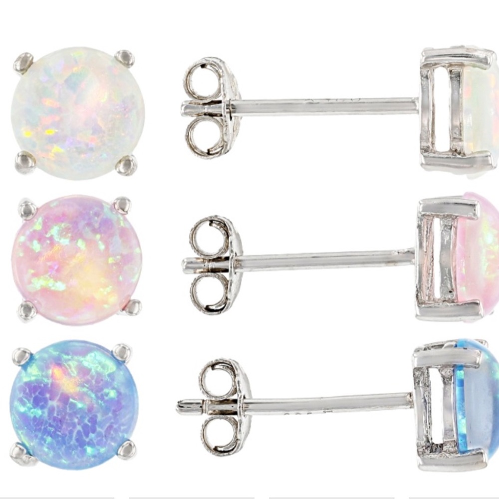 Opal Rhodium Over Sterling Silver Set of 3 stud earrings